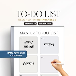 Op de afbeelding: Een witte takenlijst ontworpen voor Remarkable 2, met de tekst "TO-DO LIST" bovenaan. De lijst bevat secties voor "Work/Business", "Personal" en "Shopping". De woorden "Hyperlinked" en "Customizable" zijn ook zichtbaar.