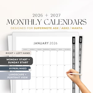May include: A digital monthly calendar for 2026 and 2027, designed for Supernote A5X, A5X2, and Manta. The calendar features a white background with black text, including the month of January 2026. Options include right/left hand, Monday/Sunday start, and landscape/portrait view.