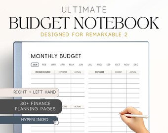 May include: A digital budget notebook with the text "ULTIMATE BUDGET NOTEBOOK" and "DESIGNED FOR REMARKABLE 2". The notebook features a monthly budget layout with sections for income, expenses, and a total. It includes "30+ FINANCE PLANNING PAGES" and is "HYPERLINKED".