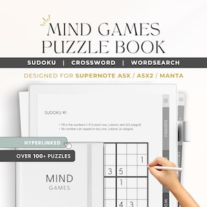 以下が含まれることがあります： 「Mind Games Puzzle Book」というタイトルのデジタルパズルブック。数独、クロスワード、ワードサーチのパズルが含まれています。Supernote A5X、A5X2、Mantaデバイス向けに設計されています。画像には、スタイラスを使って数独パズルを解いている手が写っています。