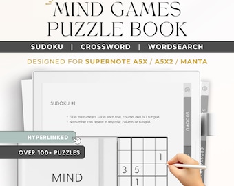 Könnte beinhalten: Ein digitales Puzzlebuch mit dem Titel "Mind Games Puzzle Book" mit Sudoku-, Kreuzworträtsel- und Wortsuchrätseln. Das Buch ist für Supernote A5X, A5X2 und Manta Geräte konzipiert. Das Bild zeigt eine Hand, die einen Stift verwendet, um ein Sudoku-Rätsel zu lösen.