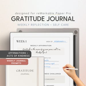Puede incluir: Un diario digital con fondo blanco y líneas de cuadrícula negras. El texto "GRATITUDE JOURNAL" está en la parte superior de la página. El texto "WEEKLY REFLECTION + SELF CARE" está debajo del título. El texto "WEEK 1" está en la esquina superior izquierda de la página. El texto "WEEK OF FEBRUARY 3" está en la esquina superior derecha de la página. El texto "WEEKLY AFFIRMATION" está debajo del texto "WEEK OF". El texto "Gratitude is the source of my inner peace, and I am thankful for it." está debajo del texto "WEEKLY AFFIRMATION". El texto "AFFIRMATIONS + ACTS OF KINDNESS" está en el lado izquierdo de la página. El texto "WEEKLY JOURNAL PROMPTS" está en un cuadro rojo en el lado izquierdo de la página. El texto "GRATITUDE JOURNAL" está en un cuadro blanco en el lado izquierdo de la página. El texto "TEFUL FOR" está en el lado derecho de la página. El texto "ealth" está debajo del texto "TEFUL FOR". El texto "I every night" está debajo del texto "ealth". El texto "I love" está debajo del texto "I every night". El texto "NESS CHALLENGE" está debajo del texto "I love". El texto "E COMPLIMENT." está debajo del texto "NESS CHALLENGE". El texto "I PROMPT" está debajo del texto "E COMPLIMENT."