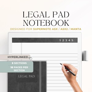 May include: A digital legal pad notebook with the text "LEGAL PAD NOTEBOOK" and "DESIGNED FOR SUPERNOTE A5X / A5X2 / MANTA". The notebook is hyperlinked with 5 sections and 10 pages per section. A hand is holding a pen.