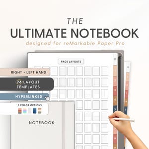 Op de afbeelding: Een digitaal notitieboek ontworpen voor de reMarkable Paper Pro tablet. Het notitieboek heeft 76 lay-out sjablonen, hyperlinks en 5 kleur opties. De afbeelding toont een close-up van de lay-outs van het notitieboek, met een hand die een stylus vasthoudt.