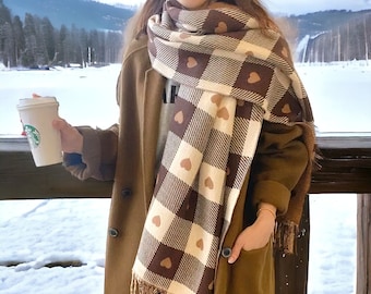 Couverture réversible écharpe femme écharpe à carreaux châle surdimensionné écharpe d'hiver chaud cadeau pour elle écharpe à carreaux en cachemire écharpe lourde écharpe à pampilles