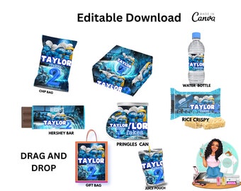 Smurf| Digital| Chip bags| water bottle| Party box| Canva| Editable