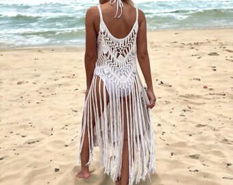 Schlichte weiße Strand-Vertuschung Ohne Bikini, häkeln aushöhlen Boho-Kleid, Damenbadebekleidung, Kleidung, Karneval Musikfestival