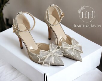 Ladies Silver Bow Heels Pointed Toe Ankle Strap Women’s Party Wedding Bridal Heel Champagne Sparkle High Heel Shoes