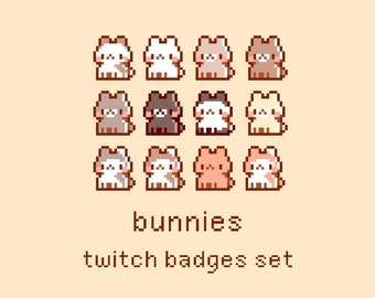 Bunnies Set Pixel Twitch Sub Bit Badges, Kawaii Twitch Stream Emotes, Cute Animals, Cute Bunny, Kawaii Rabbits
