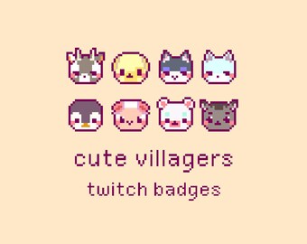 Cute Animal Villagers Pixel Twitch Sub Bit Badges, Twitch Stream Emotes, Kawaii Villagers, Set 6