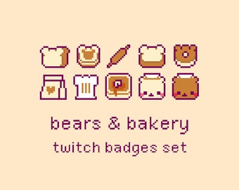 Bears & Bakery Cute Pixel Twitch Sub Bit Badges, Twitch Stream Emotes, Kawaii Food, Bread, Cafe