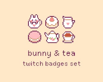 Conjunto de insignias secundarias de Twitch de conejitos y té, insignias de bits, comida linda rosa Kawaii