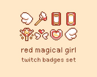 Red Magical Girl Pixel Twitch Sub Bit Badges, Twitch Stream Emotes, Kawaii Magical Girl, Witch, Magic, Red, White