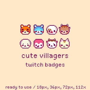 Cute Animal Villagers Pixel Twitch Sub Bit Badges, Twitch Stream Emotes, Kawaii Villagers, Set 9