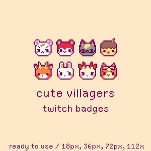 Cute Animal Villagers Pixel Twitch Sub Bit Badges, Twitch Stream Emotes, Kawaii Villagers, Set 1