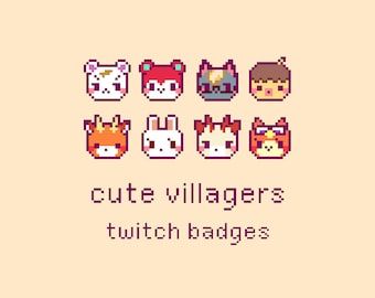 Cute Animal Villagers Pixel Twitch Sub Bit Badges, Twitch Stream Emotes, Kawaii Villagers, Set 1