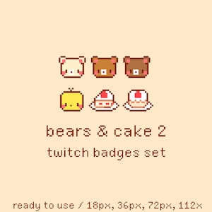 Bears & Cake Pixel Twitch Sub Bit Badges, Twitch Stream Emotes, Kawaii Bear, Pastry, Dessert Badges Set, Set 2