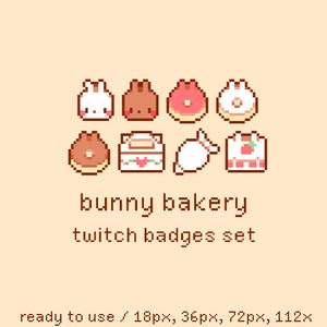 Kaninbageri Pixel Twitch Sub Bit-märken, Twitch Stream-emotes, Kawaii-kanin, bröd, mat, tårta, bakverks-pixelkonst