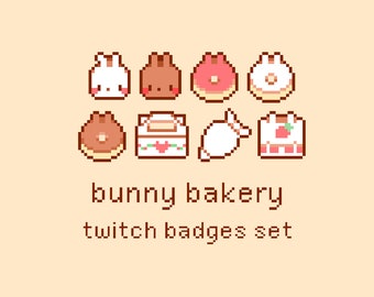 Bunny Bakery Pixel Twitch Sub Bit Badges, Twitch Stream Emotes, Kawaii Bunny, Bread, Food, Cake, Pastry Pixel Art