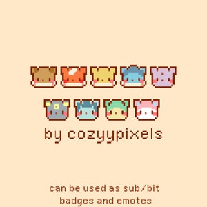 Puede incluir: Un conjunto de ocho caras de animales de arte de p&iacute;xeles en varios colores, incluyendo marr&oacute;n, naranja, amarillo, azul, morado, gris, azul claro y rosa. El texto "by cozyypixels" est&aacute; debajo de las caras, y el texto "can be used as sub/bit badges and emotes" est&aacute; debajo de eso.