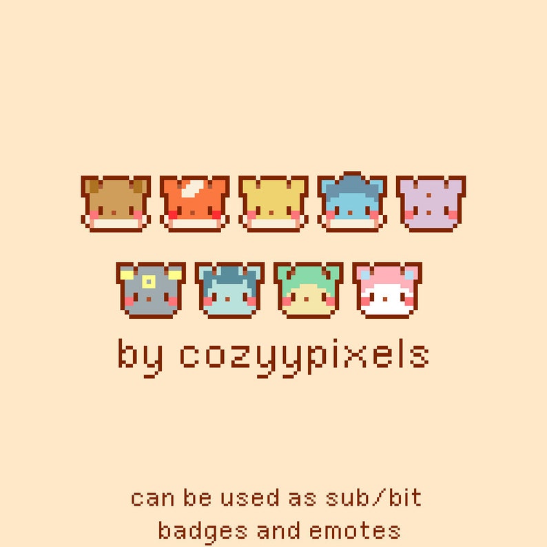 Puede incluir: Un conjunto de ocho caras de animales de arte de p&iacute;xeles en varios colores, incluyendo marr&oacute;n, naranja, amarillo, azul, morado, gris, azul claro y rosa. El texto "by cozyypixels" est&aacute; debajo de las caras, y el texto "can be used as sub/bit badges and emotes" est&aacute; debajo de eso.