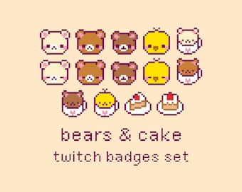 Bears & Cake Pixel Twitch Sub Bit Badges, Twitch Stream Emotes, Kawaii Bear, Pastry, Dessert Badges Set