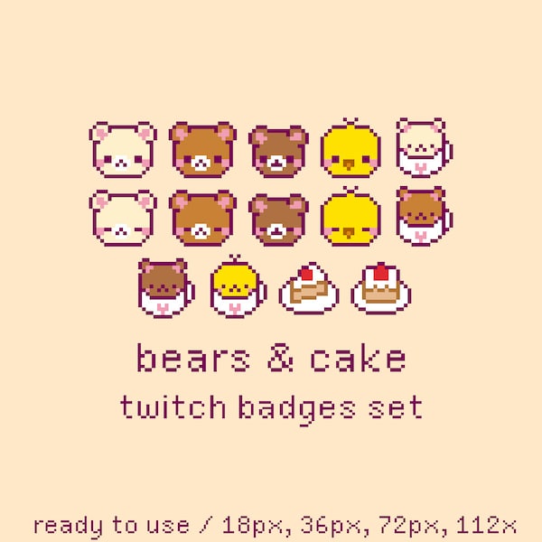 Bears & Cake Pixel Twitch Sub Bit Badges, Twitch Stream Emotes, Kawaii Bear, Pastry, Dessert Badges Set