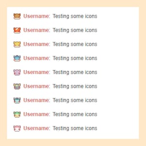 Puede incluir: Nueve nombres de usuario diferentes con el texto "Testing some icons" mostrado junto a cada nombre de usuario. Cada nombre de usuario va acompa&ntilde;ado de un icono de color diferente.