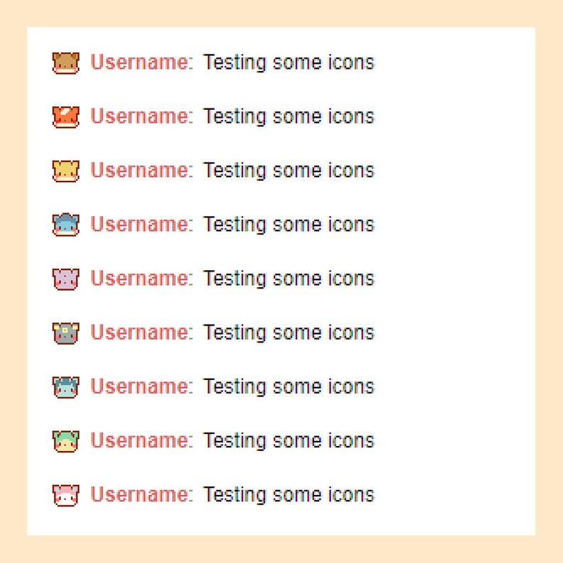 Puede incluir: Nueve nombres de usuario diferentes con el texto "Testing some icons" mostrado junto a cada nombre de usuario. Cada nombre de usuario va acompa&ntilde;ado de un icono de color diferente.