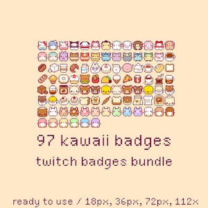 97 Kawaii Pixel Twitch Sub Bit Badges, Twitch Stream Emotes, Kawaii Characters, Food, Bakery, Rainbow, Bunny Set, Bundle