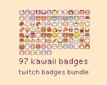 97 Kawaii Pixel Twitch Sub Bit Badges, Twitch Stream Emotes, Kawaii Characters, Food, Bakery, Rainbow, Bunny Set, Bundle