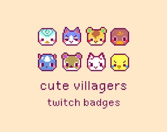 Cute Animal Villagers Pixel Twitch Sub Bit Badges, Twitch Stream Emotes, Kawaii Villagers, Set 8