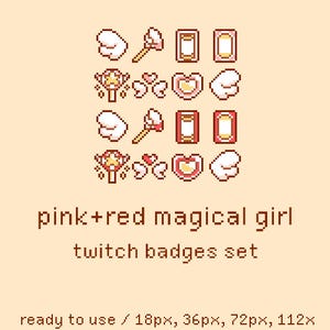 Pink+Red Magical Girl Pixel Twitch Sub Bit Badges, Twitch Stream Emotes, Kawaii Magical Girl, Witch, Magic, Pink, White, Red, Witchy