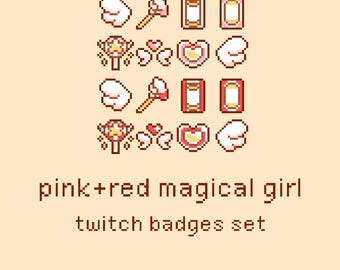 Pink+Red Magical Girl Pixel Twitch Sub Bit Badges, Twitch Stream Emotes, Kawaii Magical Girl, Witch, Magic, Pink, White, Red, Witchy