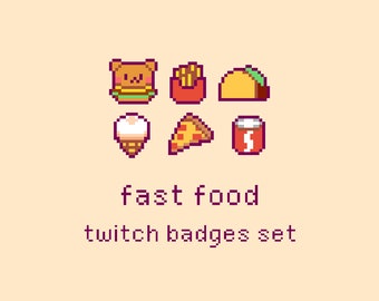 Fast Food Pixel Twitch Sub Badges, Bit Badges, Burger Fries Taco Ice Cream Pizza Soda Pixel Art
