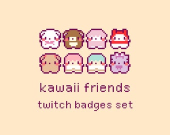 Insignias de suscripción a Twitch de Kawaii Friends Pixel, emoticones de transmisión de Twitch, animales lindos, conjunto 2