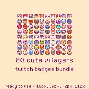 80 Cute Villagers Pixel Twitch Sub Bit Badges, Twitch Stream Emotes, Kawaii Villagers, Set, Bundle