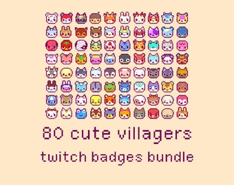 80 insignias de subtítulos de Twitch de píxeles de Aldeanos adorables, emoticonos para transmisiones de Twitch, Aldeanos kawaii, conjunto, paquete
