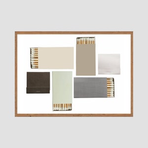 May include: A set of six matchboxes with different colored labels. The matchboxes are arranged in a grid pattern on a white background. The matchboxes are all the same size and shape. The labels are all different colors and have different designs.