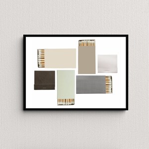 May include: A set of six matchboxes with different colored labels. The matchboxes are arranged in a geometric pattern on a white background.