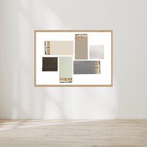 May include: A framed image of a collection of matchboxes in various colors and patterns, including beige, brown, gray, and white. The matchboxes are arranged in a geometric pattern.