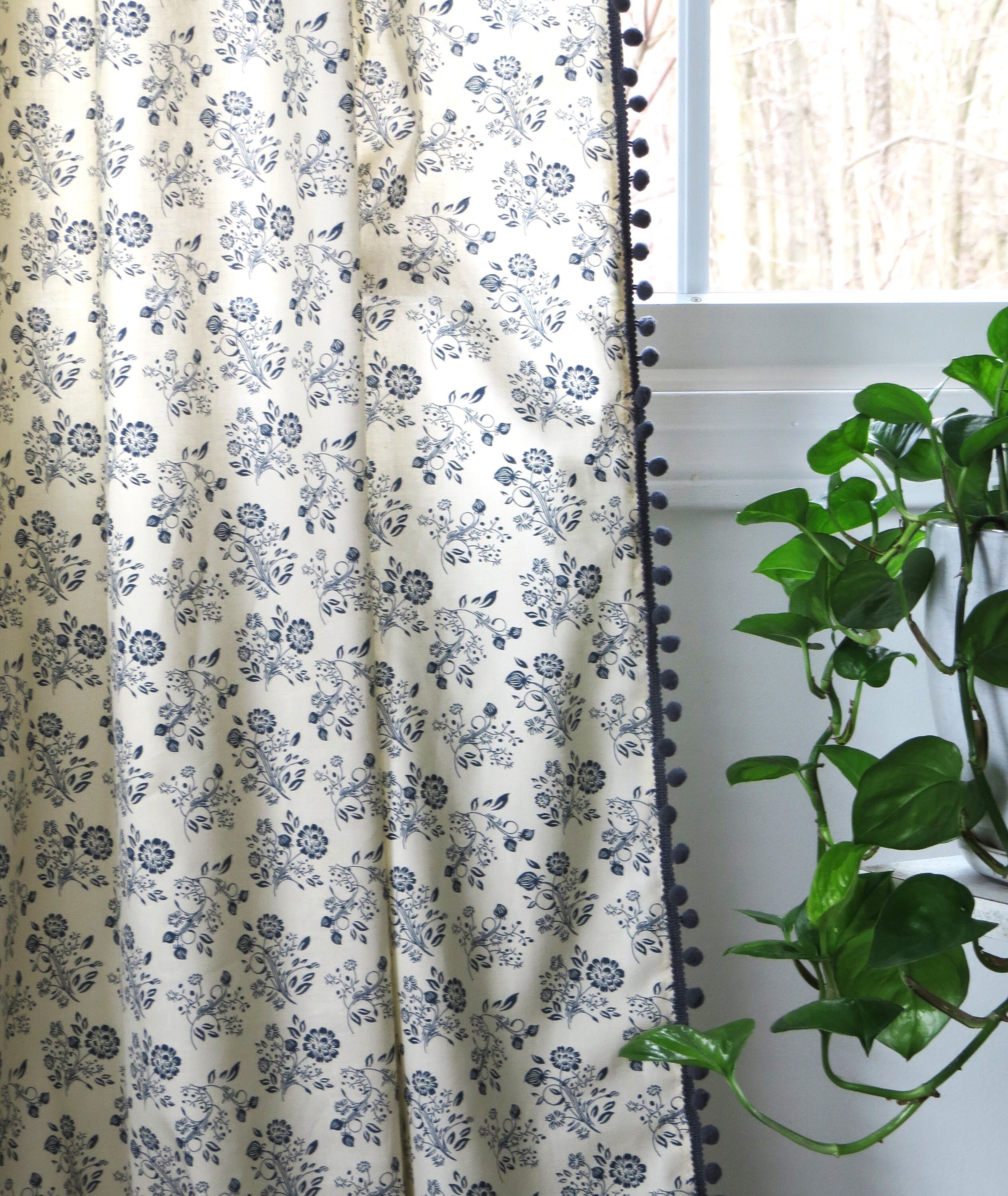 Blue Floral Cottage Style Curtain With Tassels, French Country