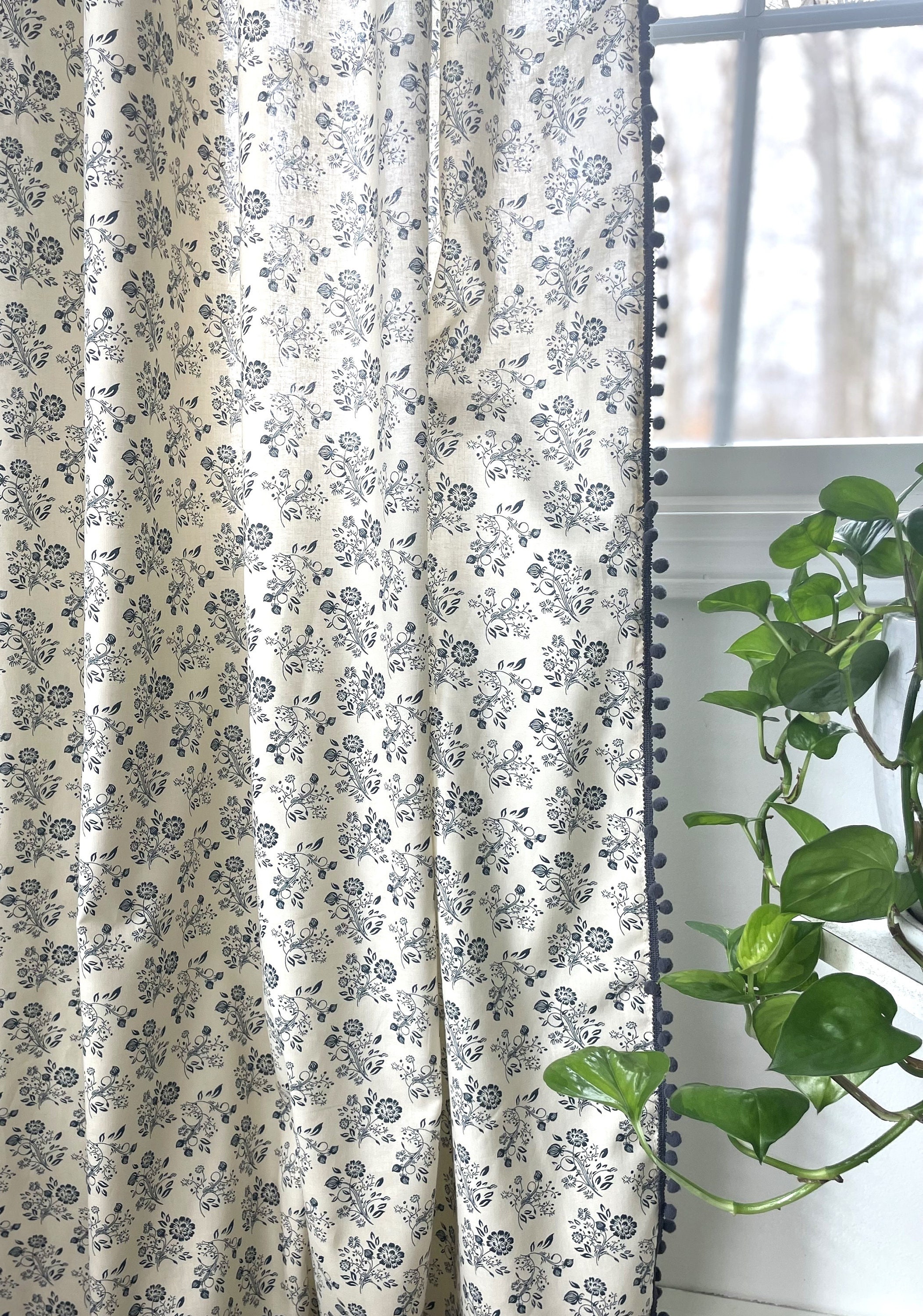 Blue Floral Cottage Style Curtain With Tassels, French Country