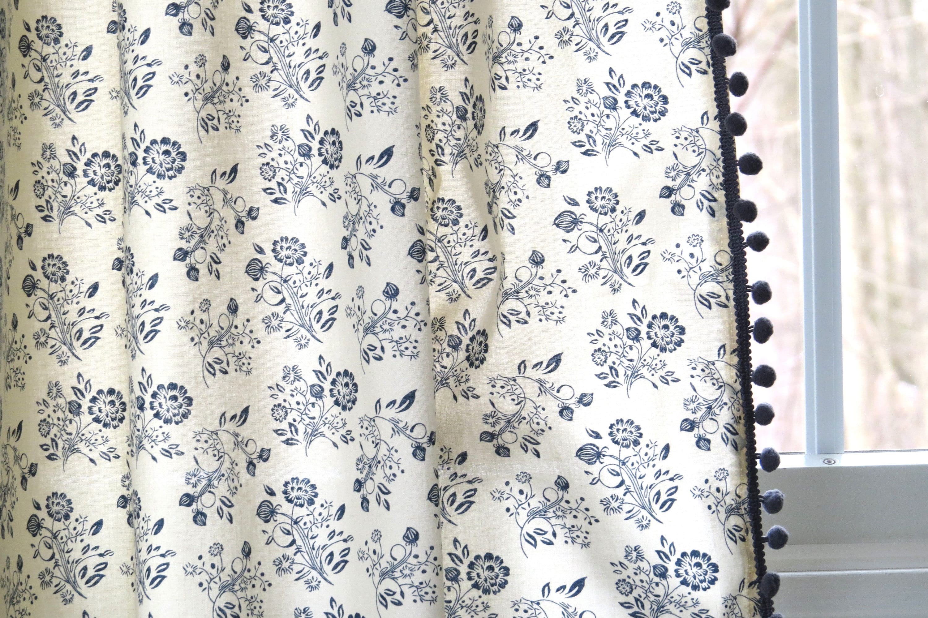 Blue Floral Cottage Style Curtain With Tassels, French Country