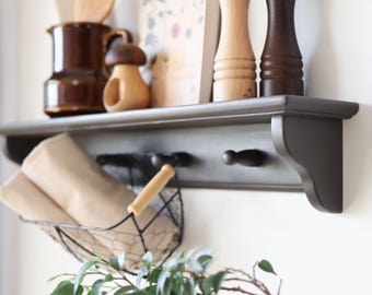 Shaker peg rack with shelf, Farmhouse coffe bar shelf, Kitchen spice organizer