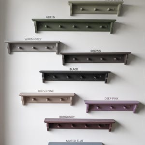 May include: A collection of wooden wall shelves with pegs, each painted in a different color. Colors include beige, light green, green, warm grey, brown, black, blush pink, deep pink, burgundy, and muted blue. Each shelf has a label with its color name.