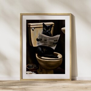 トイレに座って新聞を読んでいる猫、面白いバスルームの壁飾り、猫のバスルームのポスター、トイレの壁飾り、デジタルアート、印刷可能な PDF