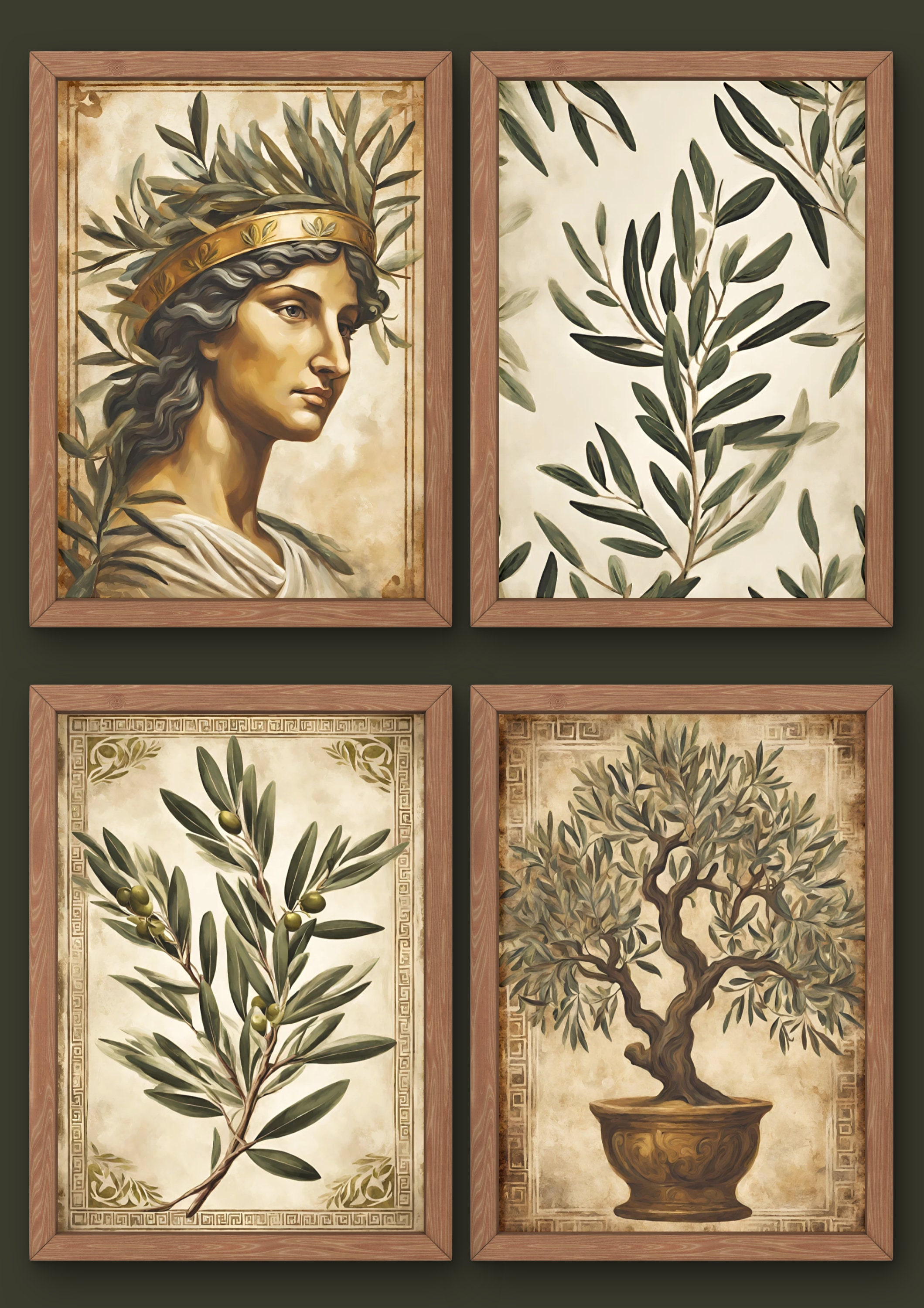 手作り油絵　木額縁入り　Agelenas Agena Athena and Greek Style Olive Tree Prints | Vintage Greek Wall Art