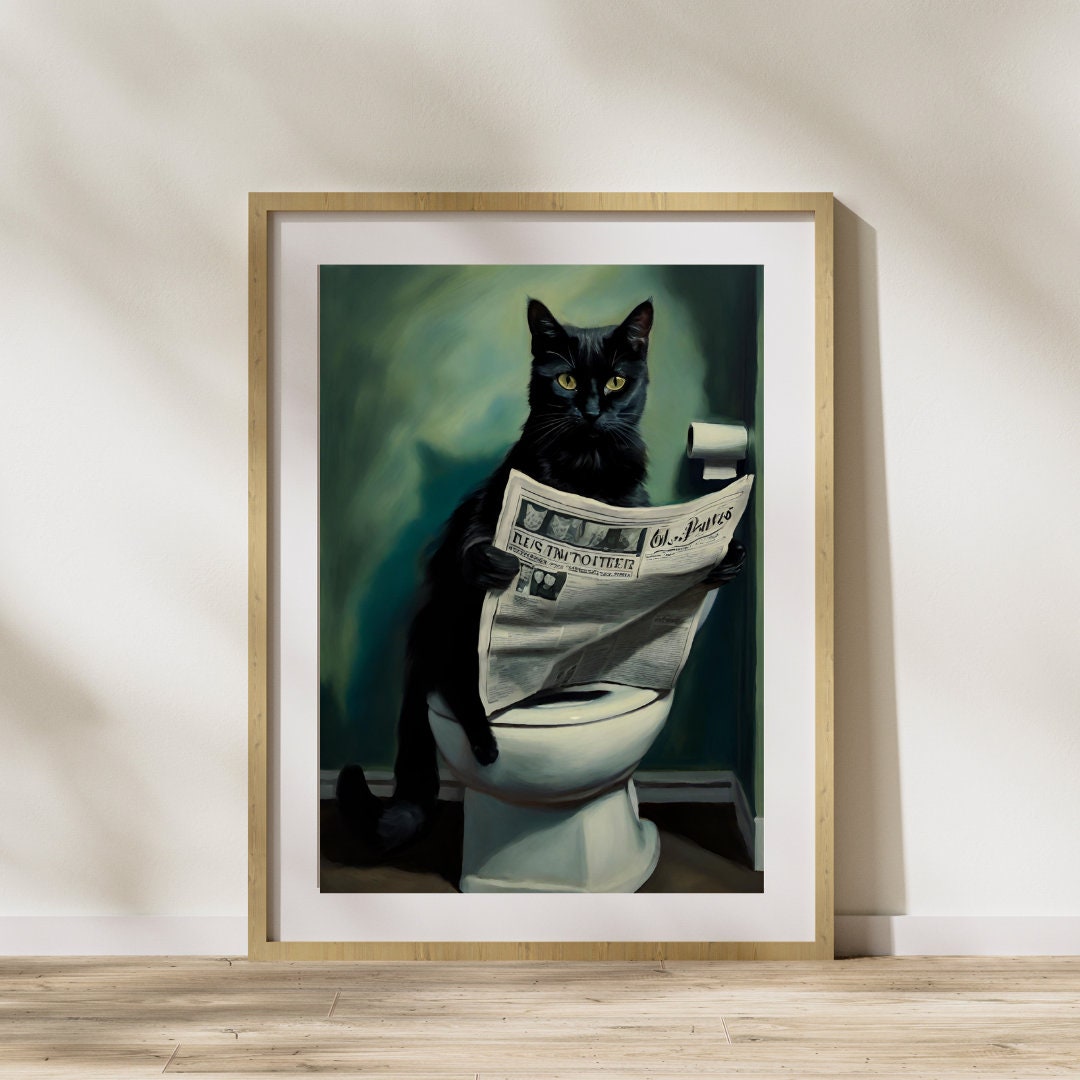 Cat Sitting on the Toilet Reading a Newspaper, Funny Bathroom Wall ...