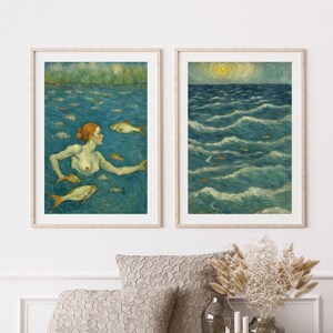 Sea and Woman Downloadable Wall Art, PDF Prints, Digital Download, Decor Home, Picture Gifts, Modern Art, Blue Wall Set, Printable Painting